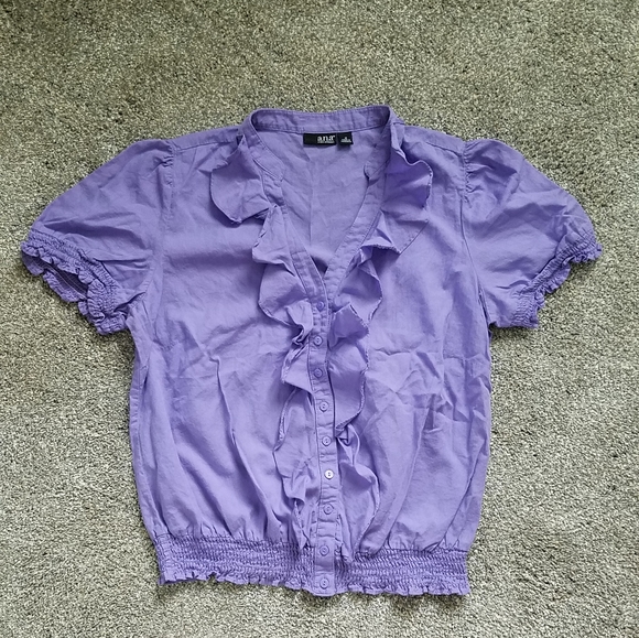 a.n.a Purple Ruffle Button Front Elastic Waist Top - Picture 5 of 7